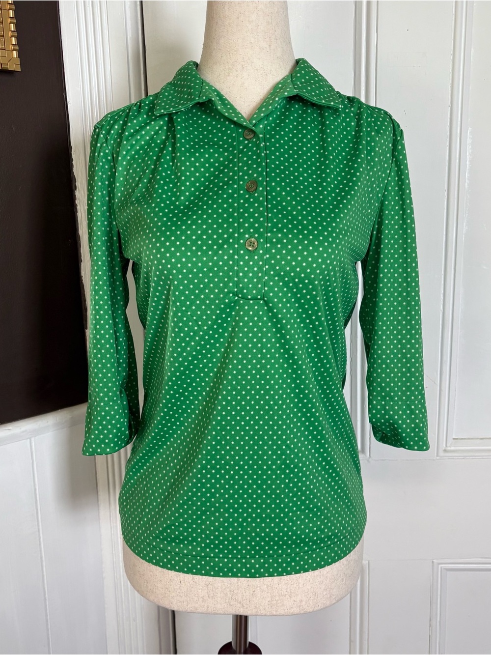 Vintage Contemporary Classics Green Polka Dot Polo Top Women’s Medium Retro Prep